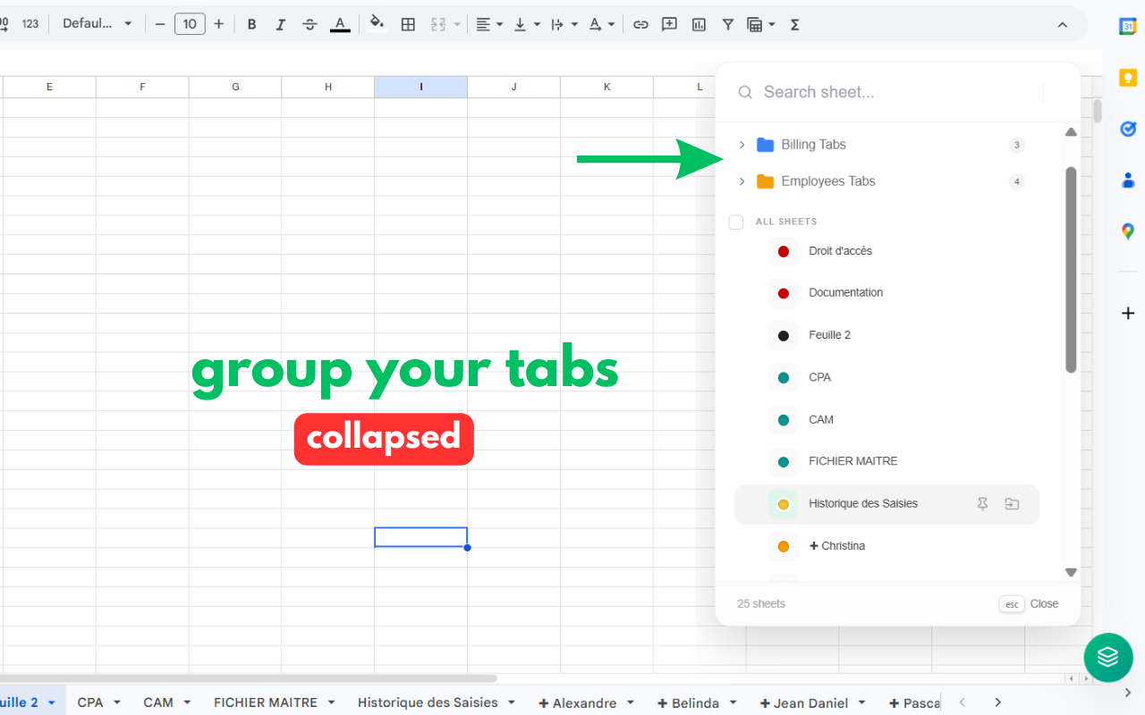 Collapsed tab group in Sheets Organizer